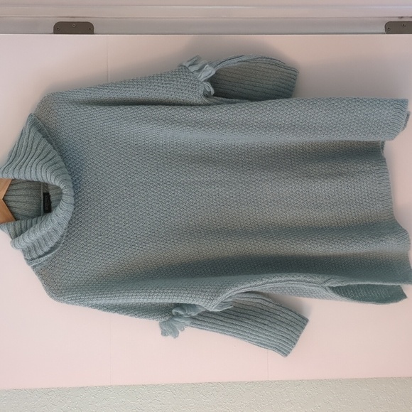 Made in Italy Turtleneck Mohair Wool Mix Seafoam Blue Boho Pullover Poncho Sz L - Picture 1 of 7